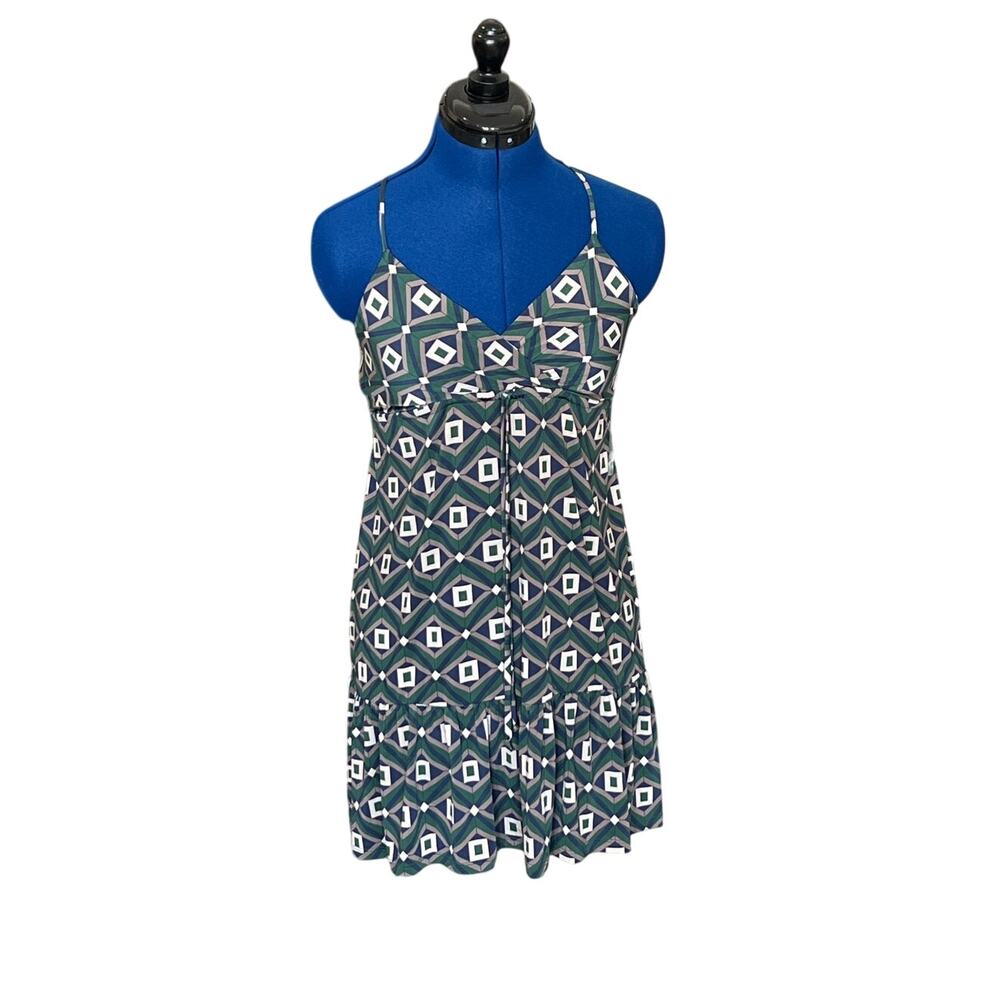 Paisley & Ivy Green Tan Navy Stretch Flounce T-Back Sun Dress Size S Travel Mini